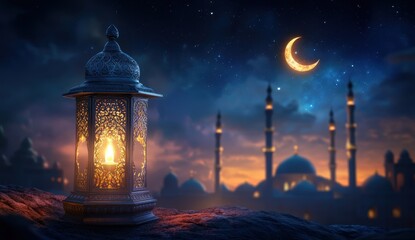 Ramadan lantern glowing, night cityscape, mosques, crescent moon