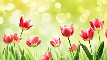 Vibrant Red Tulips in Bloom with Delicate Petals and Bright Colors, Natural Sunlight, Sharp Focus on One Flower, Soft Green Background Bokeh Effect