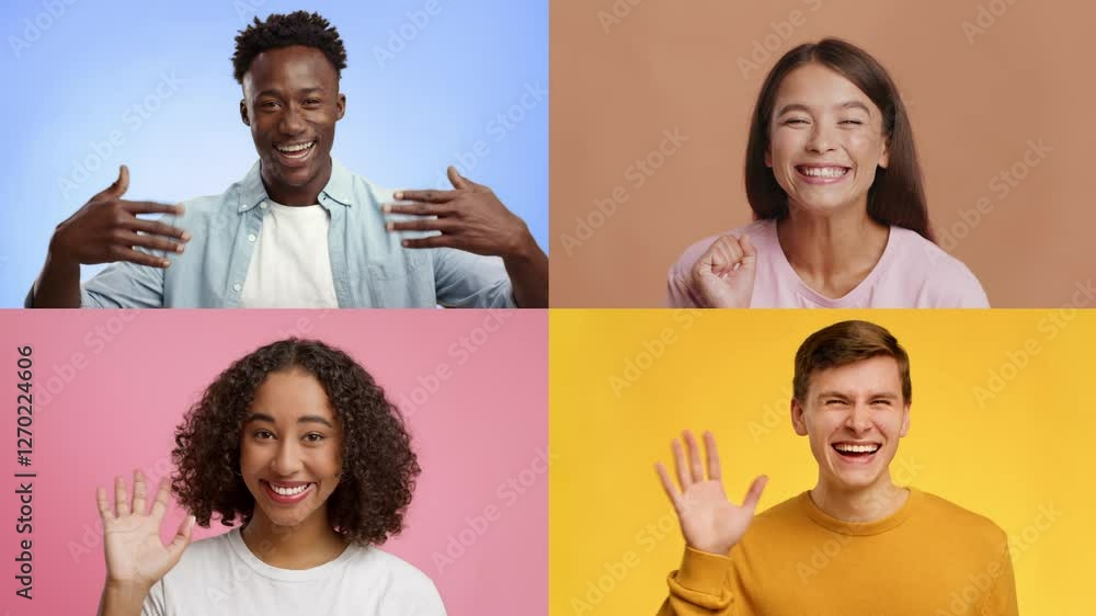 Poster A joyful collection of four individuals from different backgrounds greeting the viewer with smiles and waves.