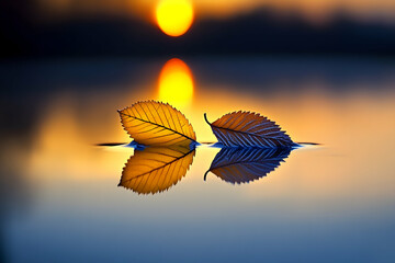 Obraz premium Serene sunset scene featuring two autumn leaves delicately floating on calm water, their reflections mirroring the golden hour light.