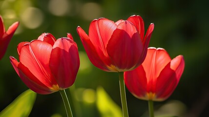 Fototapeta premium Vibrant Red Tulips in Bloom with Delicate Petals and Bright Colors, Natural Sunlight, Sharp Focus on One Flower, Soft Green Background Bokeh Effect