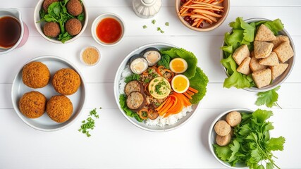 Overhead view of a white table with a variety of Asian dishes including poke bowl, falafel, cookies, mochi, meat, fish, and vegetable ingredients, vegetables, falafel, white table