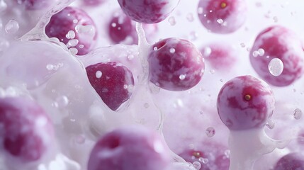 Plums splashing in fresh milk with droplets floating