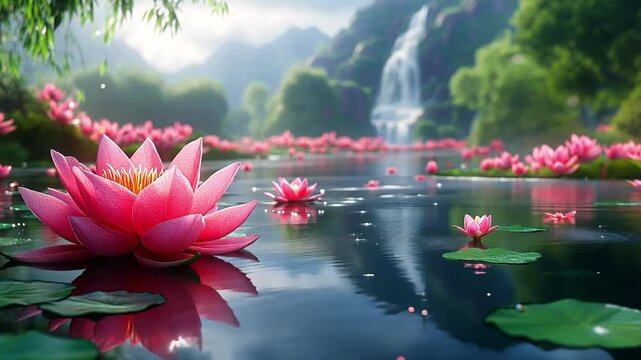 beautiful view of lotus flowers in the lake with a mountain backdrop and waterfall footage