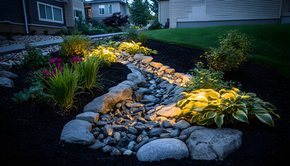 Serene backyard landscape design featuring a lit dry creek bed, lush greenery, and strategically placed rocks, creating a tranquil outdoor oasis at dusk.