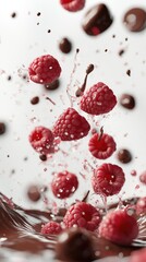 Raspberries splashing in chocolate with dynamic motion