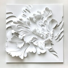 Intricate white floral relief sculpture showcasing delicate, flowing designs against a plain backdrop