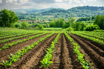 A Lush Farmland Landscape with Rows of Growing Plants