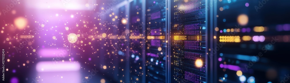 Poster high-tech server rack in modern data center with glowing lights and network cables highlighting the 