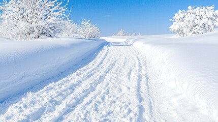 Obraz premium Snowy path through frosted trees on a bright day. Possible use Winter wonderland scenery