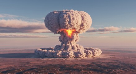 Massive mushroom cloud rising ominously above desolate landscape