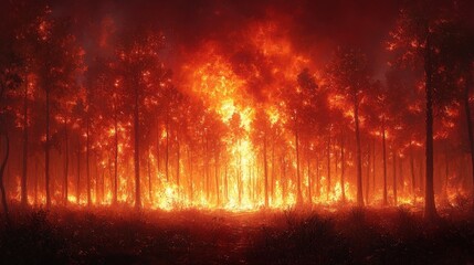 Fototapeta premium Intense Forest Fire Illuminates Wild Landscape at Nighttime