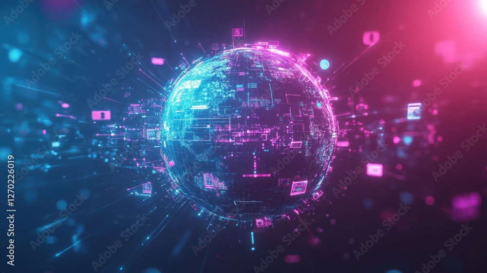 Poster global digital network with connection points and neon accents