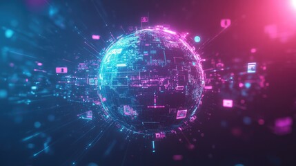 Obraz premium Global digital network with connection points and neon accents