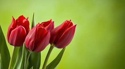 Fototapeta premium Vibrant Red Tulips in Bloom with Delicate Petals and Bright Colors, Natural Sunlight, Sharp Focus on One Flower, Soft Green Background Bokeh Effect
