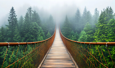 Fototapeta premium Misty forest suspension bridge, wooden walkway, adventure, travel, nature, journey, path, scenic view, tranquil, serene.