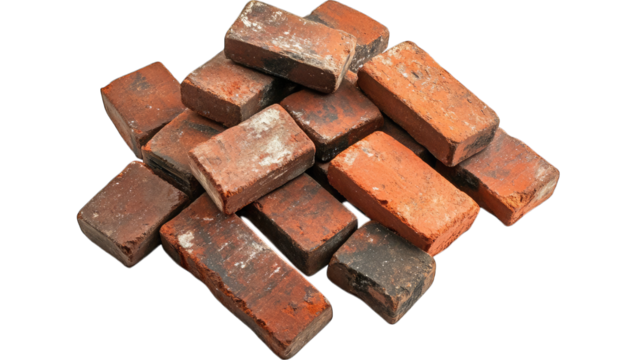 A glare of red bricks isolated on a white background, studio shot