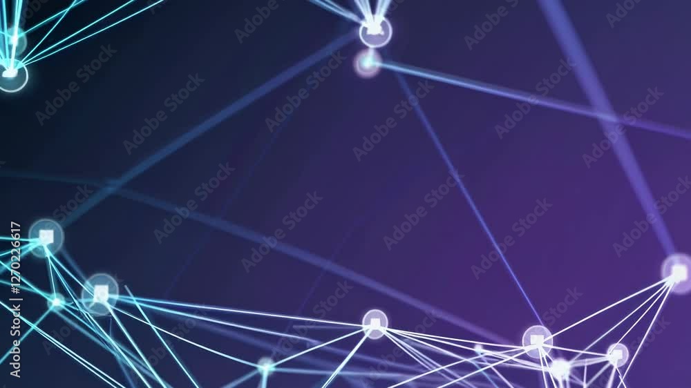 Poster abstract video concept with glowing lines and nodes on a dark background, viewed from a dynamic angl