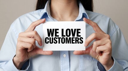 Woman holds a sign that says we love customers