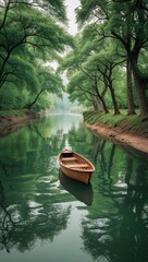  The composition is centered on a small wooden rowboat floating gently on the calm, reflective water. The river is flanked by lush, green trees arching overhead, creating a natural canopy.