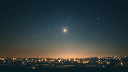 Night sky over a distant city, softly glowing lights against a dark blue canvas dotted with stars and a bright moon.
