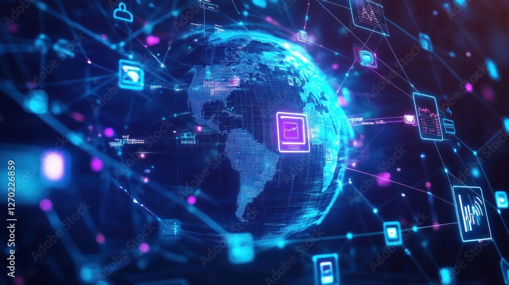 Poster digital globe with connected network of information nodes worldwide