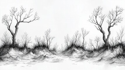 Surreal landscape with leafless trees and abstract mountain scenery