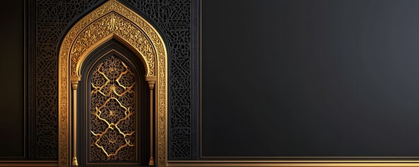 Intricate golden archway stands against a patterned dark background