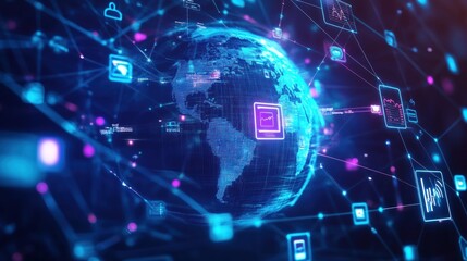 Obraz premium Digital globe with connected network of information nodes worldwide