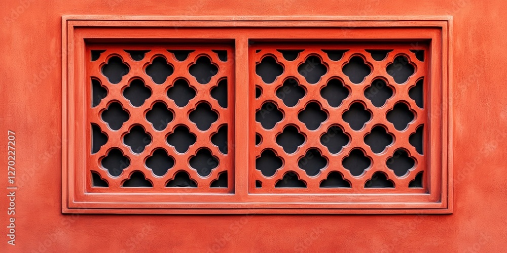 Poster sustainable buildings concepts. decorative window with intricate lattice design on a vibrant red wal