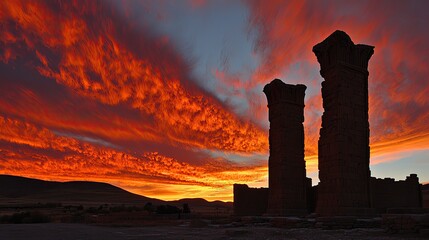 Majestic sunset over ancient stone ruins with vibrant sky and distant hills in background