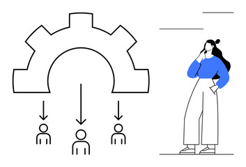 Woman thinking with gear and arrows pointing to three figures representing team delegation, hierarchy, and workflow. Ideal for organizational structure, teamwork, leadership, management, strategy
