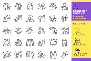 Friendship and social connections icon set. Thin line editable stroke icons for relationships, teamwork, networking, community, communication, friend interactions and mutual support