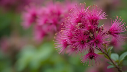 Obraz premium Blooming Pink Spiraea Flowers Close-up Shot in Natural Garden Setting