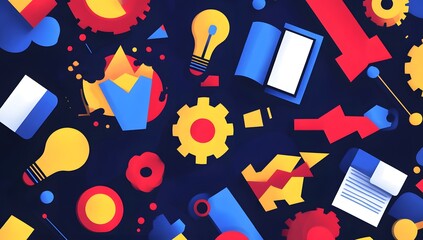 Obraz premium Abstract colorful graphic design pattern of gears, ideas, and progress