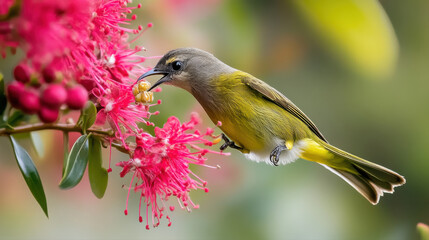 Fototapeta premium honeyeater bird feeding on nectar from vibrant pink blossoms, showcasing nature beauty and harmony