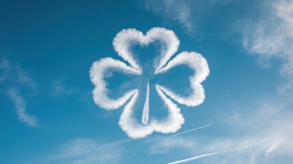 White cloud cloverleaf against a bright blue sky background