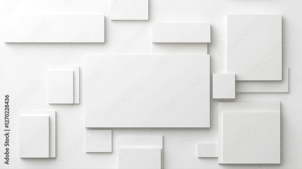 Poster abstract 3d white geometric wall pattern arrangement with various rectangular shapes, minimalist des