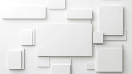 Abstract 3D white geometric wall pattern arrangement with various rectangular shapes, minimalist design.