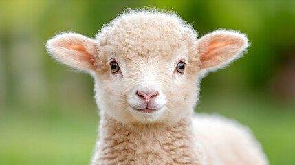 Naklejka premium Cute fluffy lamb looking directly at the camera in a sunny green pasture during daytime.