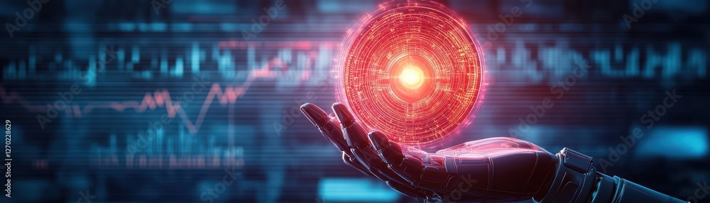 Poster futuristic robot holding a bright red light in its hand against a dark background creating a mysteri