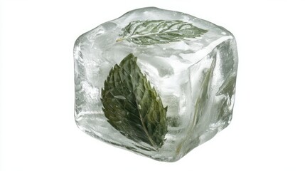 Fototapeta premium A single ice cube with two mint leaves frozen inside. 