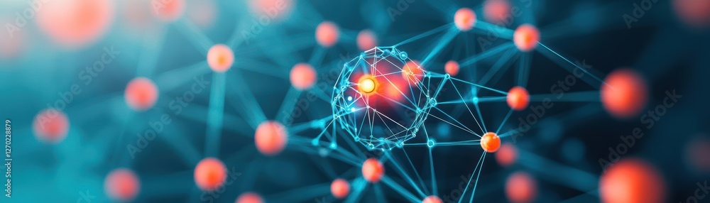Poster vibrant network of orange spheres and dots connected in dynamic patterns creating a modern abstract 