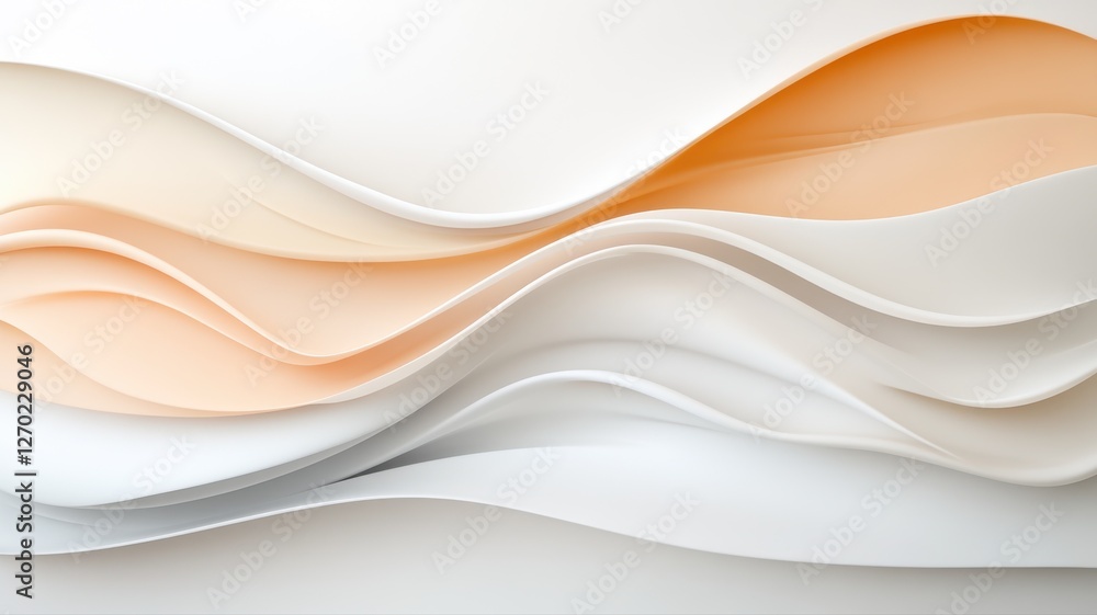 Poster abstract design with layered, flowing curves in soft beige and white tones, creating a tranquil and 