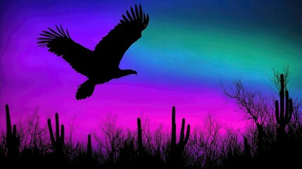 Obraz premium Majestic eagle soaring against a vibrant sunset sky with silhouetted cacti and distant trees