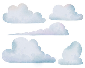 Watercolor Clouds hand drawn collection. Texture clouds illustrations, gradient, fluffy, cartoon style 