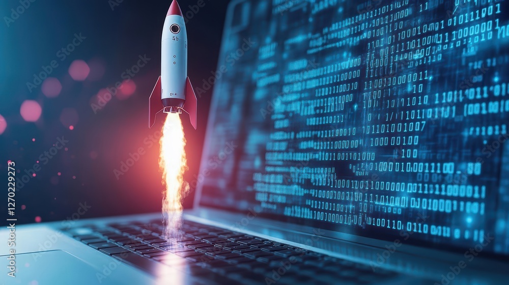 Aufkleber a dynamic rocket launching from an open laptop displaying technology and imagination in a futuristic
