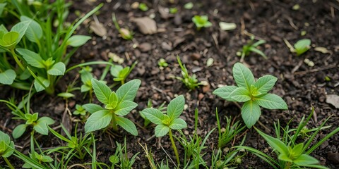 Obraz premium Rich and fertile organic soil covered with lush green grass in a peaceful forest setting, plant life, ecology, foliage