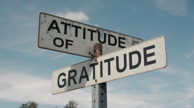Directional street sign displaying attitude of gratitude against cloudy sky