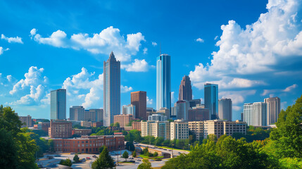 Panoramic view of the city skyline with tall buildings in downtown, Georgia, on a sunny day, with a blue sky.